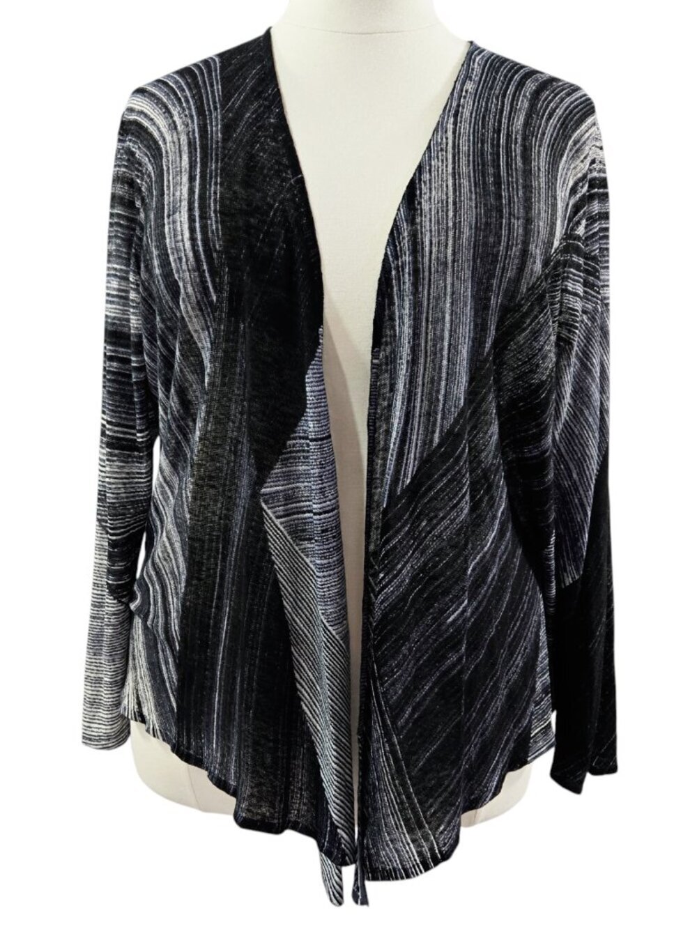 Nic+Zoe NWT Linen Blend Black White Line Open Drape Front Cardigan Artsy Unique